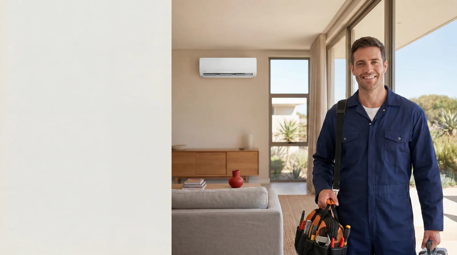 A modern home interior cooled by a Van Biljoens air conditioner
